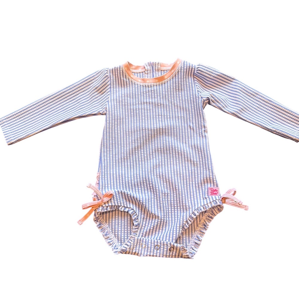 RuffleButts Seersucker Long Sleeve Rash Guard Swimsuit Blue White 18-24M - Picture 3 of 10